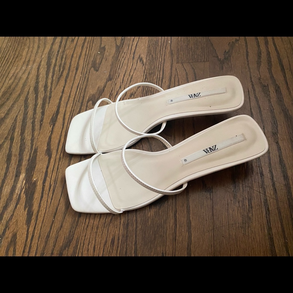 White kitten heeled leather sandals